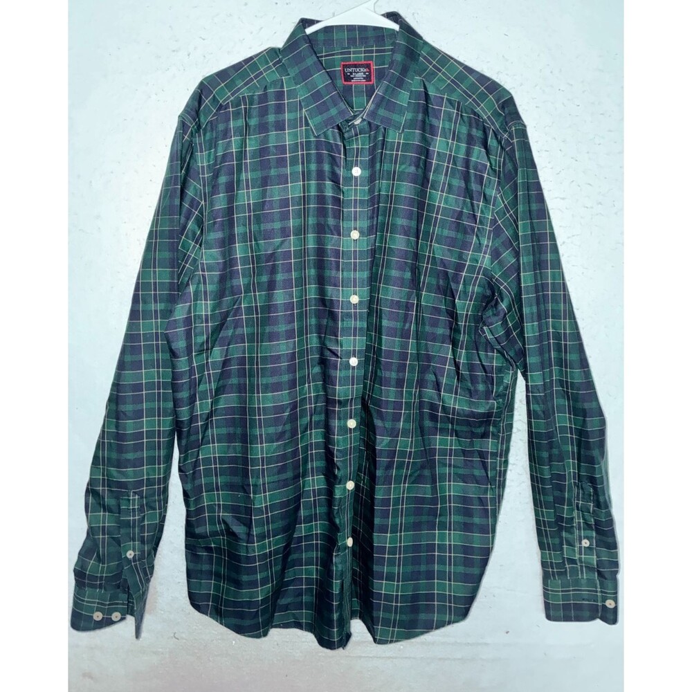 UNTUCKIT Mens L TALL Langon Green Navy Plaid Wrinkle Free Cotton Button Up Shirt